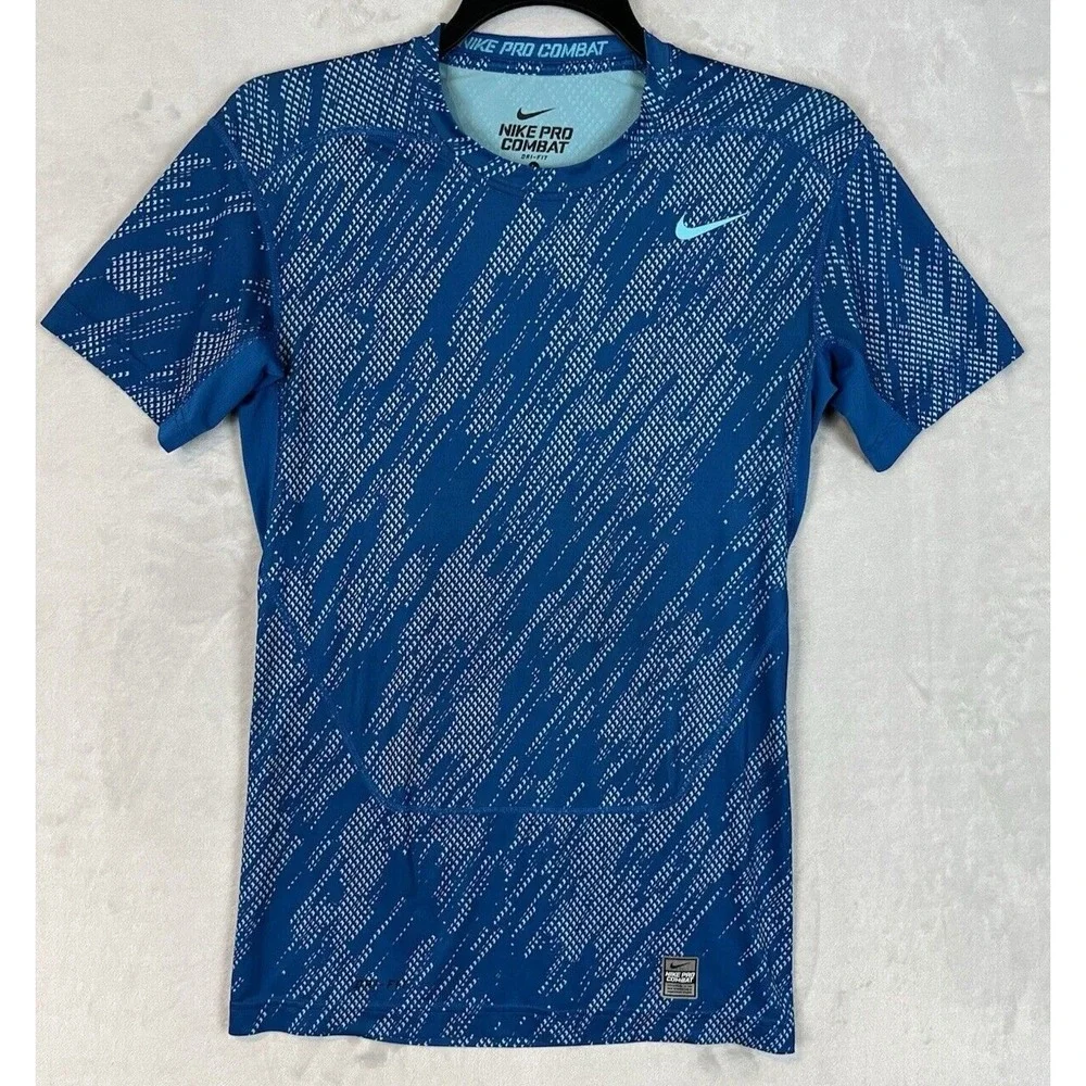 Nike Pro Combat TEE Men Large Blue Regular DRI FIT Compression Lightweight Gym